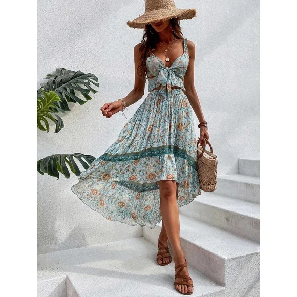 2 piece set: Floral Print Tie Front Cami crop Top & Ruffle Hem midi Skirt blue - Picture 2 of 7